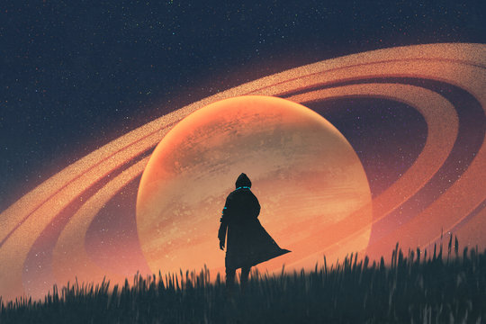 night scene of the man standing on field against the planet with rings, illustration painting