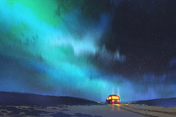 Obrazy na Szkle  nocna sceneria furgonetki zaparkowanej przy pięknym rozgwieżdżonym niebie z cyfrowym stylem artystycznym, malowaniem ilustracji