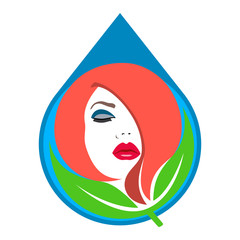 Beauty logo. Woman's face, drop water, green leaves. Abstract concept. Flat design. Vector illustration on white background.