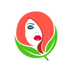Beauty logo. Woman's face, green leaves. Abstract concept. Flat design. Vector illustration on white background.