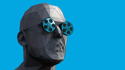 beautiful low poly man head looks a film in special glasses on blue background. Movie review concept 3d Illustration