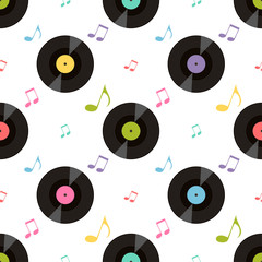 Pattern with colorful music notes and vinil records