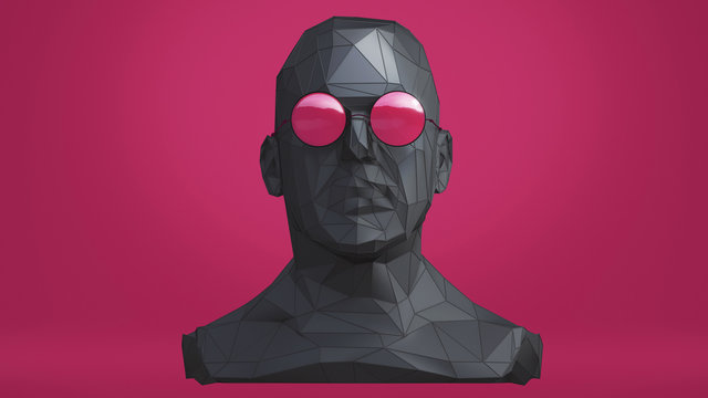 Low Poly style human head in blue glasses on red background. 3d concept Illustration with place for your design.