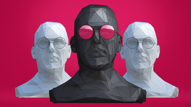 Low Poly style Male heads in different colors glasses on red background. 3d concept Illustration with place for your design.