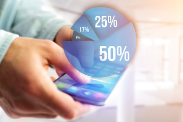 Blue survey graph interface with business theme going out a smartphone - Technology concept