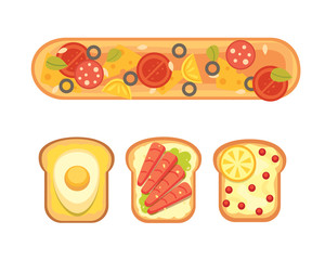 Set toasts and sandwich breakfast. Bread toast with jam, egg, cheese, blueberry, peanut butter, salami, fish. Flat vector illustration.