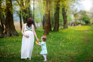 pregnant mother walks in the park with the daughter on a sunset, hold hands and collect a bouquet from dandelions