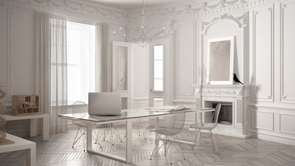 Modern minimalist office in classic vintage room with fireplace, luxury white interior design