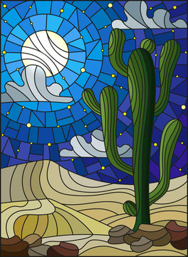 The illustration in stained glass style painting with desert landscape, cactus in a lbackground of dunes, starry sky and moon 