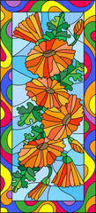 Fototapeta na wymiar Illustration in stained glass style with flowers, buds and leaves of calendula,vertical orientation