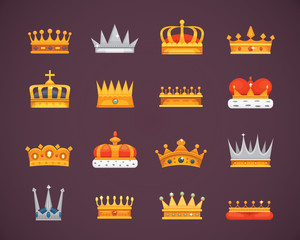 Collection of crown icons awards for winners, champions, leadership. Royal king, queen, princess crowns.