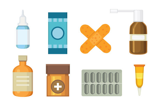 Cartoon medicaments. Different medical pills and bottles, healthcare and shopping, pharmacy, drug store. Vector illustration in flat style