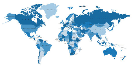Blue world map with the names of countries. Political map. Every country is isolated.