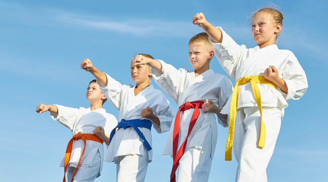 Children in karategi are training blow hand on blue sky background