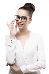 female portrait in glasses on a white background