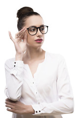 female portrait in glasses on a white background
