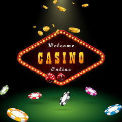Casino banner sign decoration. Vector billboard for gambling in casino. Template with coins and chips
