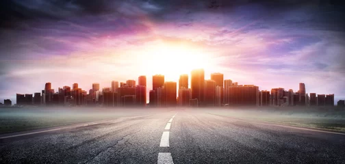 Photo sur Plexiglas construction de la ville Paysage urbain au coucher du soleil sur l& 39 autoroute - Concept d& 39 entreprise
