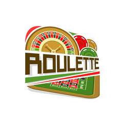 Vector logo for Roulette gamble: wheel of american roulette with double zero, colorful chips, inscription title text - roulette, icon with playing table for gambling game, art symbol for casino club.