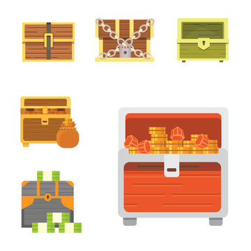 Cute set of diferent chests. Cartoon illustration chest. Safe money.