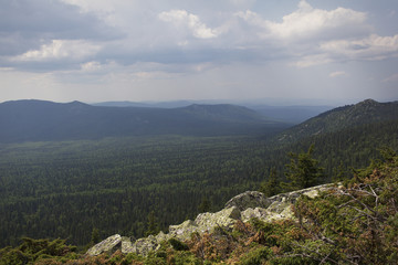Panoramic view of the mountains and cliffs, South Ural. Summer in the mountains.View from the mountains.