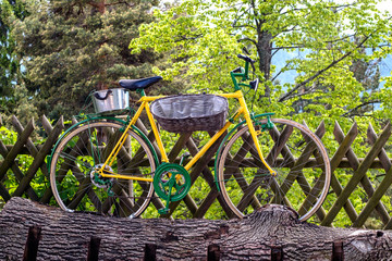 Vintage yellow bicycle on green trees background