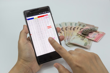  Hands woman using smartphone with money on white background