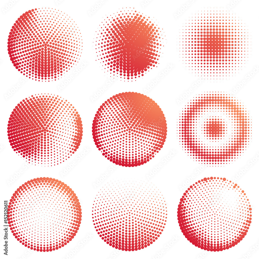 Poster set of red abstract halftone dot circle backgrounds. vector illustration