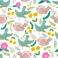 Vector seamless pattern of birds and flowers in cartoonish style.