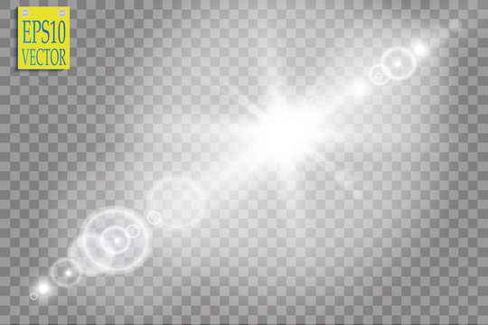 Vector transparent sunlight special lens flare light effect. Sun flash with rays and spotlight on transparent background
