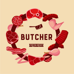 Butcher lable with meat. Food sign for meat shop.