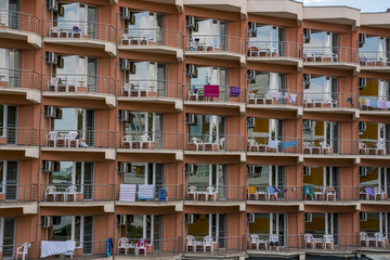 Typical small seaside hotel on the beach, rear view. Popular Tourist Resort.