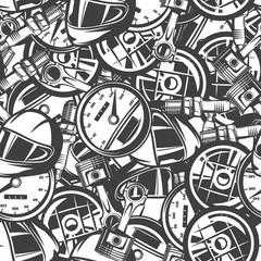 seamless pattern with automobile car parts, monochrome elements, black and white background.