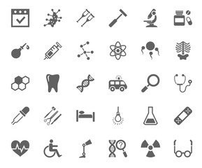 Medicine, icons, monochrome, vector.  Medical services specialization. The profession of doctors. Medical instruments. Dark grey, flat pictures on a white background. 