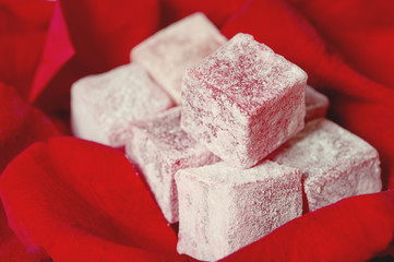 Traditional turkish locum with rose petals