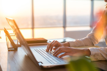 Adult businesswoman working at home using computer, studying business ideas on a pc screen