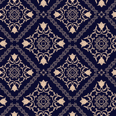 Floral pattern. Wallpaper baroque, damask. Seamless vector background. Dark blue ornament