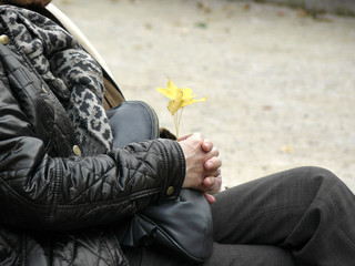 Mujer mayor sentada con una flor