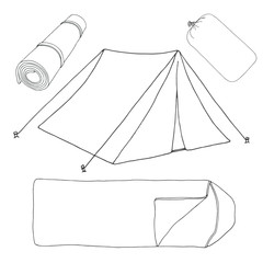 Tourism and camping set. Hand drawn vector illustration of a sketch style. Linear icon.