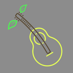 Outline vector pear guitar icon, eco music symbol - yellow guitar with leaves