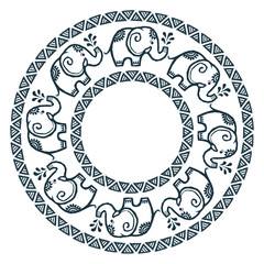 Vector tribal hand drawn elephants round frame