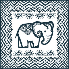 Vector tribal zigzag ornament frame with ethnic elephant
