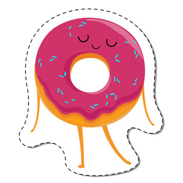 Funny cartoon donut character in leisure. Donut in dream sticker. Vector illustration.