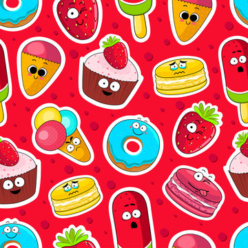 Cartoon sweets cute characters face isolated vector illustration. Funny sweets face icon seamless background. Cartoon face food emoji. Sweets emoticon. Funny food stickers.
