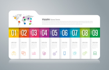 Folder infographics design vector and business icons with 9 options.