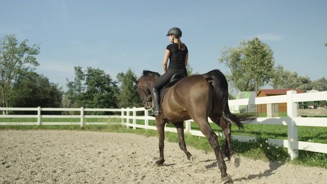 SLOW MOTION, DOF: Smiling female rider horseback riding beautiful dark brown stallion cantering in sunny sandy outdoor manege. Cheerful woman training with horse for the competition on riding arena