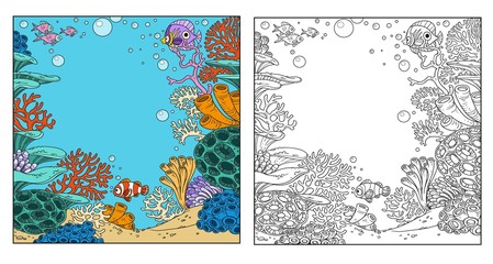 Underwater world with corals, anemones and fish coloring page on white background