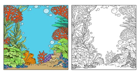 Underwater world with corals, seaweed and anemones coloring page on white background © Azuzl