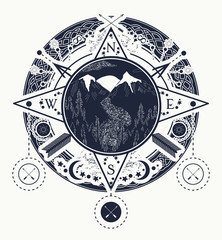 Mountain wind rose compass tattoo art. Tattoo for camping, tracking and hiking. Travel, adventure, outdoors, meditation symbol. Road in the mountains