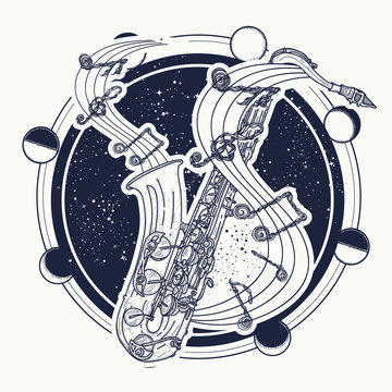 Saxophone and music notes tattoo art and t-shirt design. Notes take off from a saxophone, musical art. Sax and notes tattoo